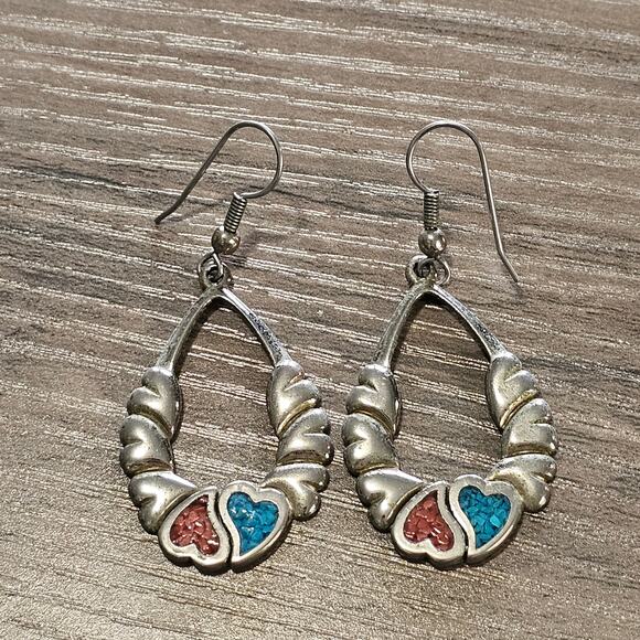 Vintage Silver, Turquoise & Coral Chip Heart Puffy Dangle Earrings - Picture 1 of 6